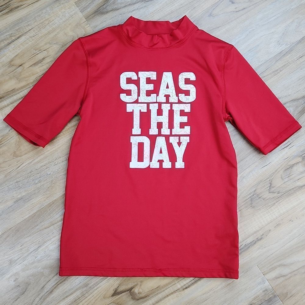 🧡Cat & Jack Red Seas the Day Short Sleeve Swim Shirt Youth Large
